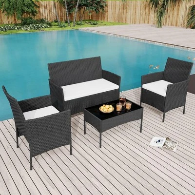 4-Piece All-Weather Patio Set - UV-Resistant PE Rattan & Rust-Proof Iron, Ergonomic Chairs, Tempered Glass Table For Indoor/Outdoor 2 4-Piece All-Weather Patio Set - UV-Resistant PE Rattan & Rust-Proof Iron, Ergonomic Chairs, Tempered Glass Table For Indoor/Outdoor - Image 2