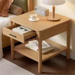 Modern Nightstand With Drawer, Wooden Sofa Side Table, Modern Small Bedside Table With Open Shelf, End Table For Living Room Bedroom