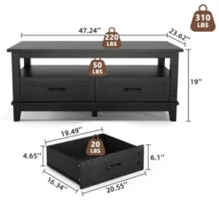 Farmhouse Coffee Table With Drawers, 47.2" Center Table Rustic Coffee Tables Walnut Living Room Table