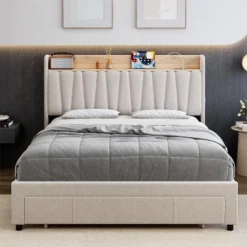 Full/Queen Size Upholstered Bed Frame With Storage Headboard, Drawer, Charging Station, Linen Platform, No Box Spring Needed 12 Full/Queen Size Upholstered Bed Frame With Storage Headboard, Drawer, Charging Station, Linen Platform, No Box Spring Needed -Garvee Sales GUEST 90157069 a060 4af6 8e9b 353d89f609a8