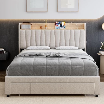 Full/Queen Size Upholstered Bed Frame With Storage Headboard, Drawer, Charging Station, Linen Platform, No Box Spring Needed 6 Full/Queen Size Upholstered Bed Frame With Storage Headboard, Drawer, Charging Station, Linen Platform, No Box Spring Needed - Image 6