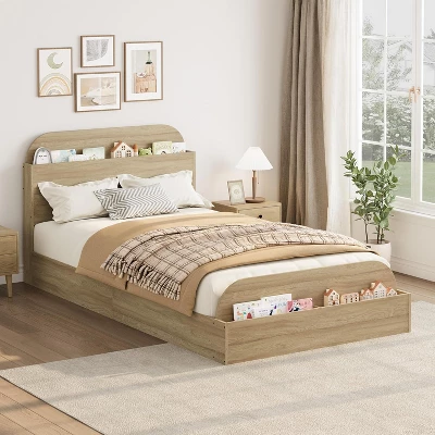 Twin Size Wood Bed Frame With Storage Headboard And Raised-Foodboard For Kid, Twin-Floor Low Platform Bed For Bedroom, No Box Spring Needed 2 Twin Size Wood Bed Frame With Storage Headboard And Raised-Foodboard For Kid, Twin-Floor Low Platform Bed For Bedroom, No Box Spring Needed - Image 2