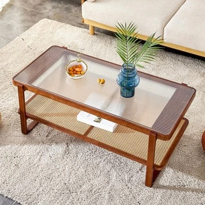 Modern Rattan Coffee Table,Rectangular Center Table With Tempered Glass Tabletop,2 Tier Wood Tea Table For Living Room Office Bedroom 1 Modern Rattan Coffee Table,Rectangular Center Table With Tempered Glass Tabletop,2 Tier Wood Tea Table For Living Room Office Bedroom