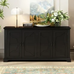 Country Style Wooden Sideboard With Pine Doors And Legs, 4 Metal Handles, For Hallway Entryway Living Room Dining Room