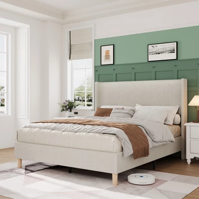 Bed Frame, Corduroy Upholstered Queen Bed Frame With Wingback Headboard, No Box Spring Needed, Solid Wooden Slats, Noise Free 11 Bed Frame, Corduroy Upholstered Queen Bed Frame With Wingback Headboard, No Box Spring Needed, Solid Wooden Slats, Noise Free - Image 11