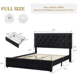 Garvee Upholstered Full Bed Frame With Storage Drawers, Velvet Platform Bed With Tufted Headboard & Rivets, No Box Spring Needed, Noise Free, Black