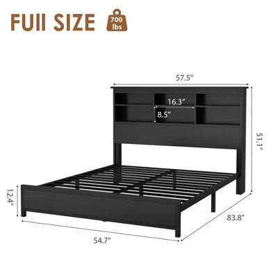 Full Size Bed Frame With Bookcase Headboard, Full Platform Bed With 2-tier Storage & Charging Station, No Box Spring Needed Easy Assemble,Black 1 Full Size Bed Frame With Bookcase Headboard, Full Platform Bed With 2-tier Storage & Charging Station, No Box Spring Needed Easy Assemble,Black