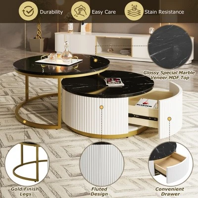 Modern Round Nesting Coffee Table Fluted With Drawer In 31.5'' 2 Modern Round Nesting Coffee Table Fluted With Drawer In 31.5'' - Image 2