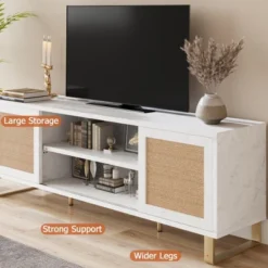 Rattan TV Stand Entertainment Center With Marble Pattern For 65" TV, White TV Console Table & Cabinet With Adjustable Shelves For Living Room, Bedroom -Garvee Sales GUEST 924725dc 2fa8 42ae 8eba 691f4ba27e79
