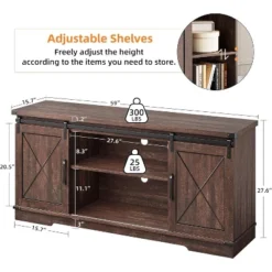 Farmhouse TV Stand And Entertainment Center For TV Up To 65 Inches With Sliding Barn Doors And Adjustable Shelf, Brown