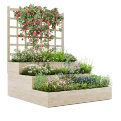 3-Tier Elevated Garden Planter, Wooden Vertical Raised Bed With Trellis & Drainage Base – Ideal For Climbing Plants, Flowers, Herbs Outdoor