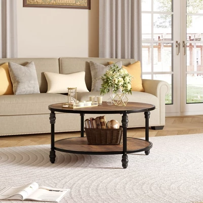 2-Tier Round Wood Coffee Table With Storage Shelf & Roman Column Metal Frame – Rustic Circle Center Table 5 2-Tier Round Wood Coffee Table With Storage Shelf & Roman Column Metal Frame – Rustic Circle Center Table - Image 5