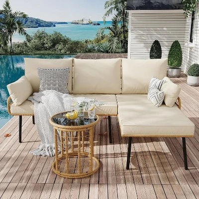 3-Piece L-Shaped Patio Furniture Set, Outdoor Conversation Sofa Set With PE Wicker 1 3-Piece L-Shaped Patio Furniture Set, Outdoor Conversation Sofa Set With PE Wicker