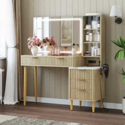 Makeup Vanity Desk With Lights, Fluted Wooden Dressing Table With 5 Drawers And Adjustable Shelves, Makeup Vanity Table Modern Glass Top For Bedroom 19 Makeup Vanity Desk With Lights, Fluted Wooden Dressing Table With 5 Drawers And Adjustable Shelves, Makeup Vanity Table Modern Glass Top For Bedroom -Garvee Sales GUEST 937368fb 8b10 4562 b9c9 d3c2ce157bfc