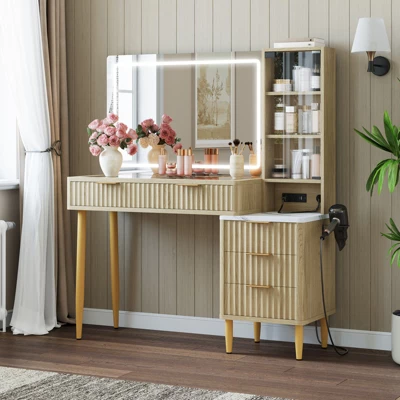 Makeup Vanity Desk With Lights, Fluted Wooden Dressing Table With 5 Drawers And Adjustable Shelves, Makeup Vanity Table Modern Glass Top For Bedroom 10 Makeup Vanity Desk With Lights, Fluted Wooden Dressing Table With 5 Drawers And Adjustable Shelves, Makeup Vanity Table Modern Glass Top For Bedroom - Image 10