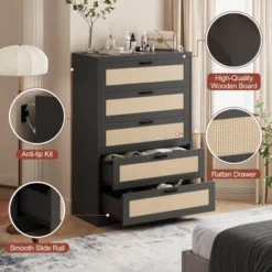 Tall Rattan Dresser With 5 Drawers,Wooden Spacious Storage Chest Of Drawers With Wide Top,Handles,Easy To Assemble,Modern Dresser -Garvee Sales GUEST 9436d701 2976 4821 8694 c0ac83649973