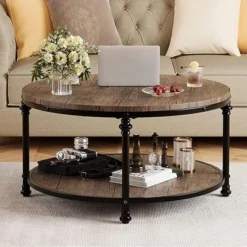 Whizmax Round Coffee Table For Living Room Rustic Center Table With Storage Shelf