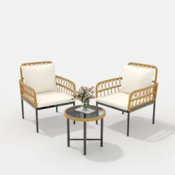3-Piece All-Weather Wicker Rattan Bistro Patio Furniture Set With Glass Table And Thick Cushions, For Balcony, Garden, Backyard, And Poolside, Beige 15 3-Piece All-Weather Wicker Rattan Bistro Patio Furniture Set With Glass Table And Thick Cushions, For Balcony, Garden, Backyard, And Poolside, Beige -Garvee Sales GUEST 94bc3ac5 8ce3 4b49 95d0 0faf1accdf00