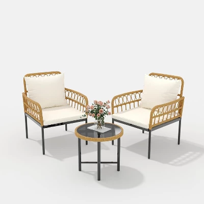 3-Piece All-Weather Wicker Rattan Bistro Patio Furniture Set With Glass Table And Thick Cushions, For Balcony, Garden, Backyard, And Poolside, Beige 8 3-Piece All-Weather Wicker Rattan Bistro Patio Furniture Set With Glass Table And Thick Cushions, For Balcony, Garden, Backyard, And Poolside, Beige - Image 8
