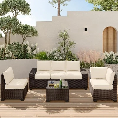 6-Piece All-Weather Sectional Patio Sofa Set, Rattan Wicker Couch Set With Glass Coffee Table For Backyard, Garden, Or Balcony 1 6-Piece All-Weather Sectional Patio Sofa Set, Rattan Wicker Couch Set With Glass Coffee Table For Backyard, Garden, Or Balcony