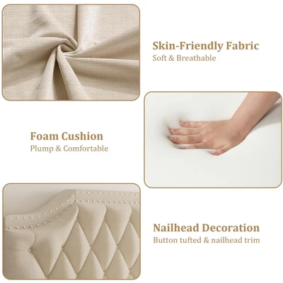 Canopy Bed Frame With Upholstered Headboard, Four Poster Design, Button Tufted, And Slide Rail, No Box Spring Required, Wooden Slatted Structure 5 Canopy Bed Frame With Upholstered Headboard, Four Poster Design, Button Tufted, And Slide Rail, No Box Spring Required, Wooden Slatted Structure - Image 5