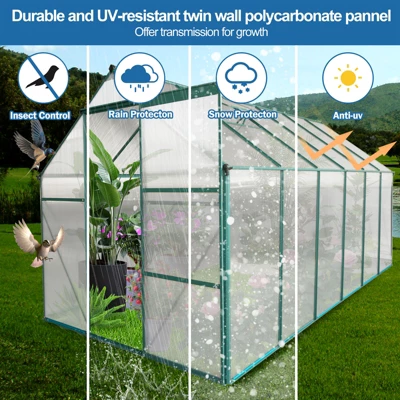 6x12FT Polycarbonate Greenhouse, Heavy Duty Aluminum Walk-in Greenhouses With Sliding Door & Raised Base, Plant Greenhouse For Outdoor Garden Backyard 8 6x12FT Polycarbonate Greenhouse, Heavy Duty Aluminum Walk-in Greenhouses With Sliding Door & Raised Base, Plant Greenhouse For Outdoor Garden Backyard - Image 8