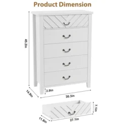 Garvee 5 Drawer Dresser For Bedroom, WHite 45.2" Tall Chest Of Drawer With V Shape Design, Modern Wooden Closet Nightstand For Living Room Entryway