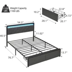 Garvee Queen Bed Frame With 2 Storage Drawers, LED Lights Upholstered Platform Bed With Heavy Duty Metal Slats, No Box Spring Needed, Noise Free