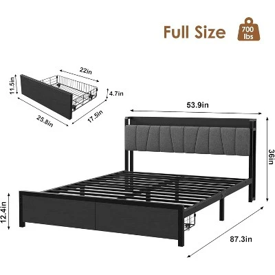Bed Frame With Storage Headboard, Industrial Platform Bed With 2 Large Drawers And Charging Station, Black No Box Spring Needed Bed Frame 1 Bed Frame With Storage Headboard, Industrial Platform Bed With 2 Large Drawers And Charging Station, Black No Box Spring Needed Bed Frame