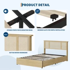 Bed Frame With Natural Rattan Headboard, Queen Size, 4 Storage Drawers, Wooden Slats, Boho-Style Cane Support, Metal Base 10 Bed Frame With Natural Rattan Headboard, Queen Size, 4 Storage Drawers, Wooden Slats, Boho-Style Cane Support, Metal Base -Garvee Sales GUEST 96ad8c25 98da 4a0b bc48 ab5a29987786