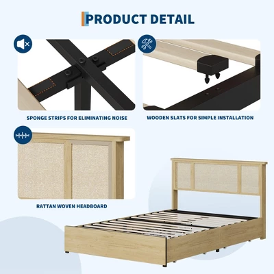 Bed Frame With Natural Rattan Headboard, Queen Size, 4 Storage Drawers, Wooden Slats, Boho-Style Cane Support, Metal Base 3 Bed Frame With Natural Rattan Headboard, Queen Size, 4 Storage Drawers, Wooden Slats, Boho-Style Cane Support, Metal Base - Image 3