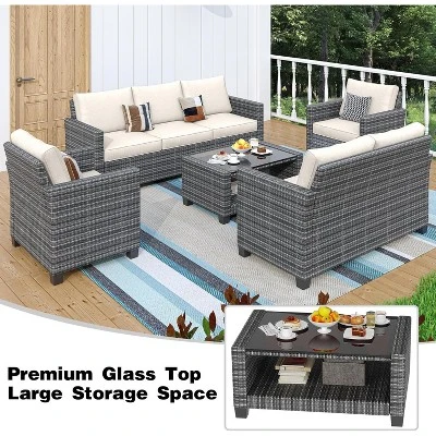 5-Piece Outdoor Patio Furniture Set, 7-Seat PE Rattan Sectional Sofa With Storage Table & Water-Repellent Cushions, Backyard, Deck, Poolside 7 5-Piece Outdoor Patio Furniture Set, 7-Seat PE Rattan Sectional Sofa With Storage Table & Water-Repellent Cushions, Backyard, Deck, Poolside - Image 7