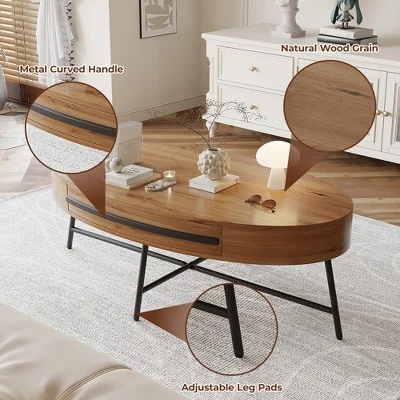 Oval Coffee Table Mid-Century Modern Center Table With Drawer Wooden Coffee Table With Storage And Cross Metal Legs 4 Oval Coffee Table Mid-Century Modern Center Table With Drawer Wooden Coffee Table With Storage And Cross Metal Legs - Image 4