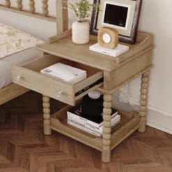 Retro Style Nightstand With Drawer And Open Shelf For Bedroom, Bedside Table With Turned Legs And Metal Handle 15 Retro Style Nightstand With Drawer And Open Shelf For Bedroom, Bedside Table With Turned Legs And Metal Handle -Garvee Sales GUEST 97f95879 8542 4c81 ad0e 9083442af949