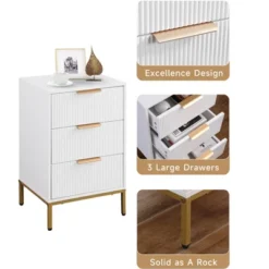 Night Stand,Tall Bedside Table With 3Storage Drawers,White Nightstand,Bedside Furniture
