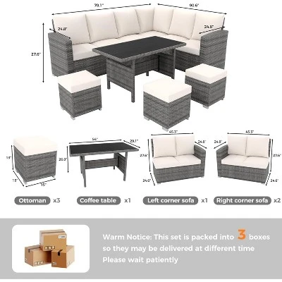 7-Piece Outdoor Patio Furniture Set – Rattan Chairs With Ottoman & Wood Coffee Table, Wicker Sectional Conversation Sofa In Beige 6 7-Piece Outdoor Patio Furniture Set – Rattan Chairs With Ottoman & Wood Coffee Table, Wicker Sectional Conversation Sofa In Beige - Image 6