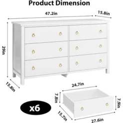 6 Dresser For Bedroom, 47.2" Modern Wide Dresser With Storage, Wooden Closet Dressers Chest Of Drawers Freestanding For Bedroom White