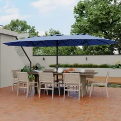 Outdoor Double-Sided Rectangle Market Umbrella, 15FT Large Patio Umbrellas With Base Included, Double-Topped Patio Umbrella For Poolside Lawn Backyard