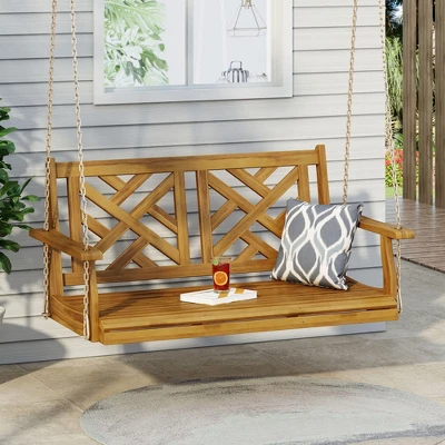 Outdoor Porch Swing Chair, Acacia Wood Swing Chair Bench With Hanging Chain, Outdoor Patio Hanging Bench Chair Furniture 5 Outdoor Porch Swing Chair, Acacia Wood Swing Chair Bench With Hanging Chain, Outdoor Patio Hanging Bench Chair Furniture - Image 5
