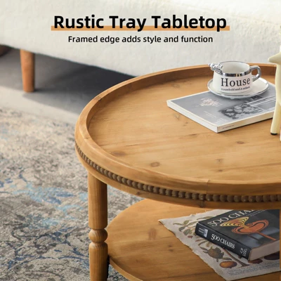 31'' Modern Round Coffee Table, 2 Tier Wooden Center Table With Beaded Trim, Accent Cocktail End Table For Living Room Bedroom Office Brown 3 31'' Modern Round Coffee Table, 2 Tier Wooden Center Table With Beaded Trim, Accent Cocktail End Table For Living Room Bedroom Office Brown - Image 3