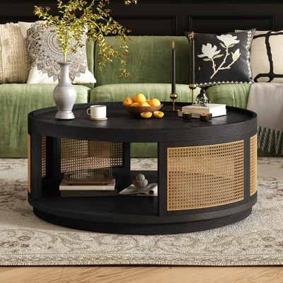 36.8'' Modern Round Coffee Table, 2 Tier Wooden Center Table With PE Rattan Side, Accent Cocktail End Table For Living Room Bedroom Office 1 36.8'' Modern Round Coffee Table, 2 Tier Wooden Center Table With PE Rattan Side, Accent Cocktail End Table For Living Room Bedroom Office