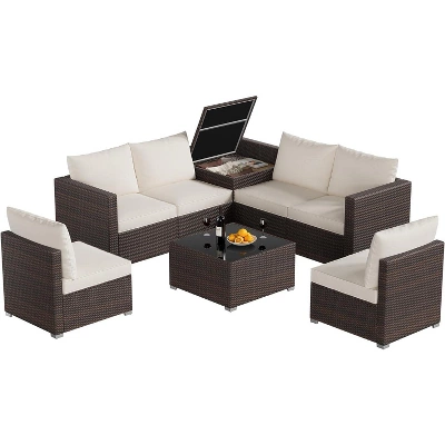 Garvee 8 Pieces Outdoor Patio Furniture Set With Storage, 4 Inch Cushions Outdoor Wicker Rattan Patio Furniture Sectional Set With Glass Table, Brown 3 Garvee 8 Pieces Outdoor Patio Furniture Set With Storage, 4 Inch Cushions Outdoor Wicker Rattan Patio Furniture Sectional Set With Glass Table, Brown - Image 3