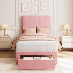 2 Sets Twin Bed Frame With Under-Bed Drawer, Velvet Upholstered Platform Bed With Wave Headboard,No Box Spring Needed 8 2 Sets Twin Bed Frame With Under-Bed Drawer, Velvet Upholstered Platform Bed With Wave Headboard,No Box Spring Needed -Garvee Sales GUEST 9adeb265 176e 4625 ae47 027467967b74