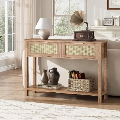 Rattan Console Table With 2 Drawers, Wooden Entryway Table With Rattan Sliding Door 2 Rattan Console Table With 2 Drawers, Wooden Entryway Table With Rattan Sliding Door - Image 2