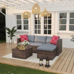 Garvee 5 Pieces Patio Furniture Set - Rattan Outdoor Sofa Set With Cushions, Wicker Sectional With Glass Coffee Table & Ottoman -Garvee Sales GUEST 9b97960f a9d4 4436 9374 f366aa1ee421