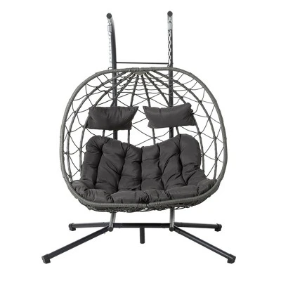 2 Persons Egg Chair With Stand, Large Rattan Wicker Swing With Headrest, Thick Cushion, Indoor Outdoor Hanging Basket Chair 1 2 Persons Egg Chair With Stand, Large Rattan Wicker Swing With Headrest, Thick Cushion, Indoor Outdoor Hanging Basket Chair