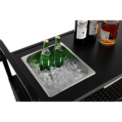 Outdoor Bar Table, Wicker Bar Cart With Cabinet, Patio Serving Cart With Steel Top, With A Ice Bucket, Lockable Wheels, Side Basket 5 Outdoor Bar Table, Wicker Bar Cart With Cabinet, Patio Serving Cart With Steel Top, With A Ice Bucket, Lockable Wheels, Side Basket - Image 5