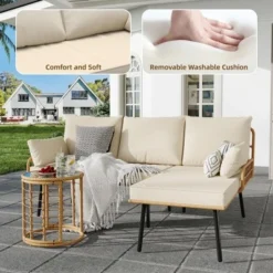 3-Piece Outdoor Sectional Sofa Set, L-Shaped Waterproof Wicker Furniture With Cushions & Glass Side Table For Porch, Pool Or Backyard 9 3-Piece Outdoor Sectional Sofa Set, L-Shaped Waterproof Wicker Furniture With Cushions & Glass Side Table For Porch, Pool Or Backyard -Garvee Sales GUEST 9cc09949 9d55 44c6 926d d6c03eb7368d 2