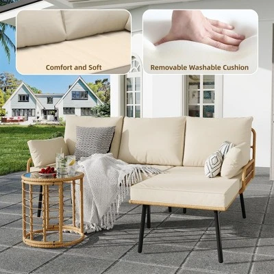 3-Piece Outdoor Sectional Sofa Set, L-Shaped Waterproof Wicker Furniture With Cushions & Glass Side Table For Porch, Pool Or Backyard 4 3-Piece Outdoor Sectional Sofa Set, L-Shaped Waterproof Wicker Furniture With Cushions & Glass Side Table For Porch, Pool Or Backyard - Image 4