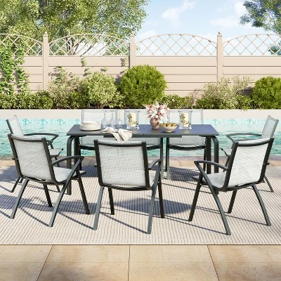9 PCS Aluminum Patio Dining Set, Outdoor Furniture Set With 8 Stackable Aluminum Dining Chairs And Table, Outdoor Table And Chairs, Black 6 9 PCS Aluminum Patio Dining Set, Outdoor Furniture Set With 8 Stackable Aluminum Dining Chairs And Table, Outdoor Table And Chairs, Black - Image 6